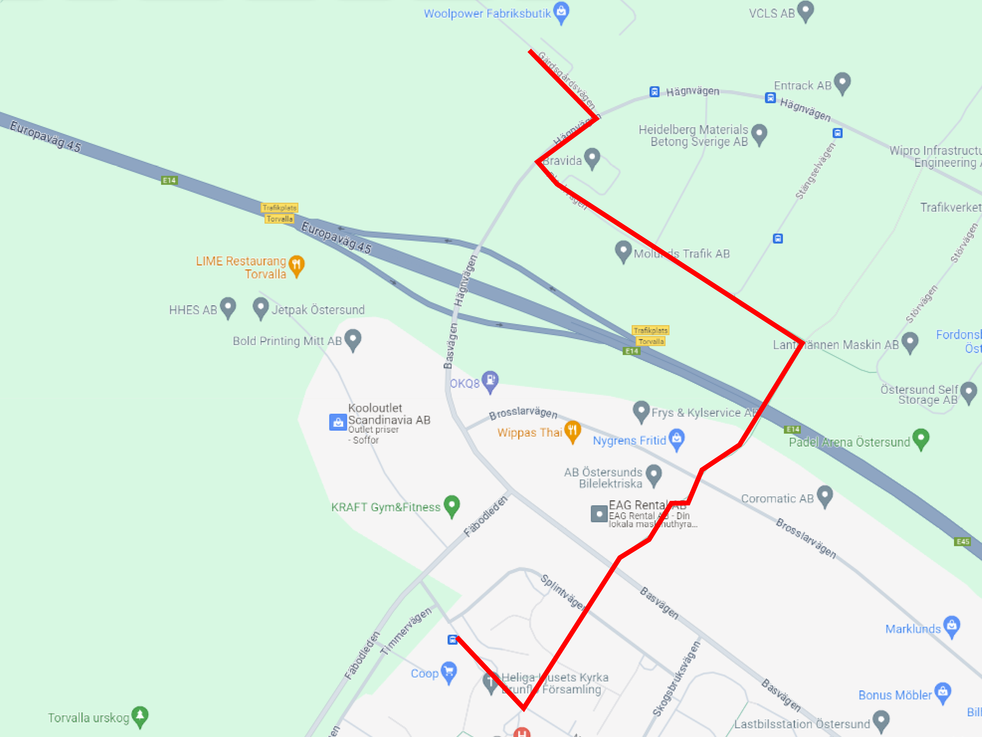 map with drawn footpath from Torvalla Center to Woolpower factory store.